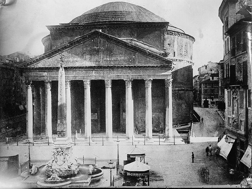 Photograph of the Pantheon in Rome from the piazza, with its portico, dome and fountain, about 1910