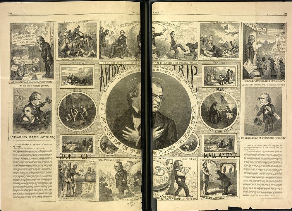 Thomas Nast's two-page Harper's Weekly cartoon Andy's Trip, October 1866, with Andrew Johnson in a central medallion surrounded by scenes from his speaking tour