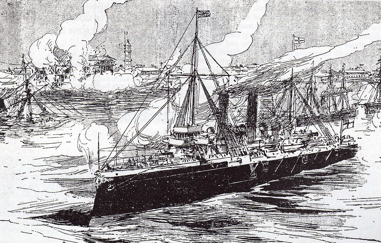 Engraving from 1896 of a British cruiser firing on the sultan's palace in Zanzibar harbour, with smoke rising from the waterfront and the lighthouse behind