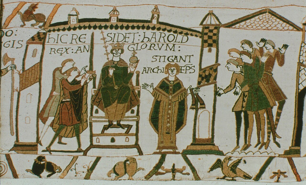 Scene from the Bayeux Tapestry showing Harold enthroned as king of the English with Archbishop Stigand beside him