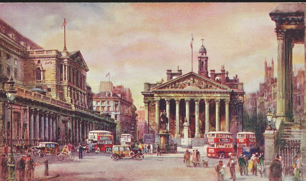 Postcard of the Bank of England and the Royal Exchange, London, in the 1930s; the Stock Exchange stood a few yards away on Threadneedle Street. Postcard, between 1930 and 1940, Library of Congress Prints & Photographs Division, no known restrictions