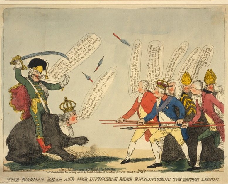Hand-coloured caricature: The Russian Bear and Her Invincible Rider Encountering the British Legion, London, 19 April 1791, Library of Congress Prints & Photographs Division, no known restrictions
