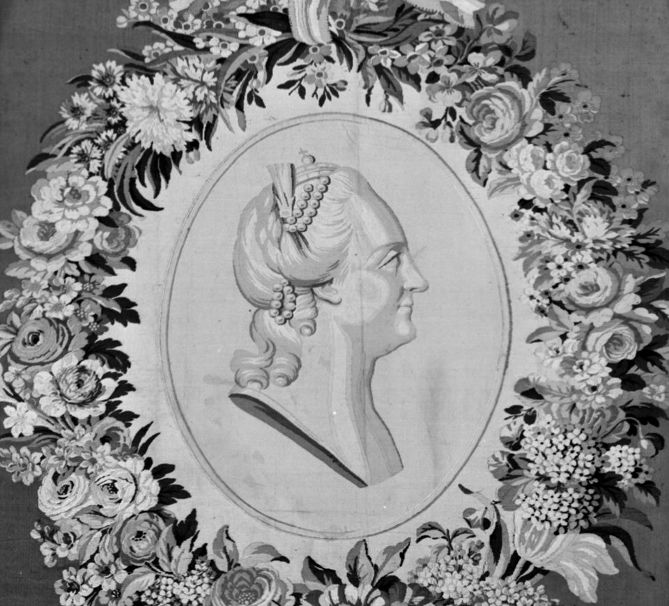 Woven silk portrait of Catherine II in profile inside an oval medallion surrounded by flowers, by Philippe de Lasalle, about 1771 (black and white museum photograph)