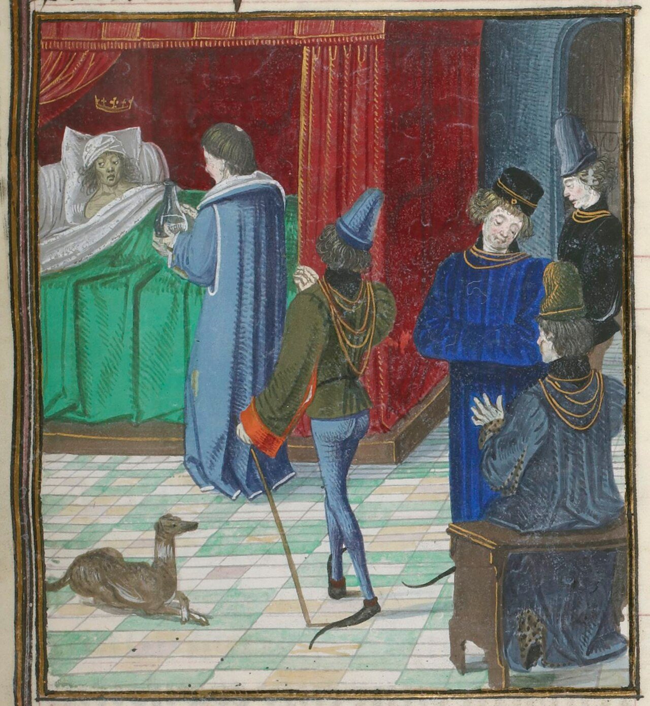 Charles VI in bed, attended by a physician and his courtiers, in a fifteenth-century manuscript. Public domain, via Wikimedia Commons