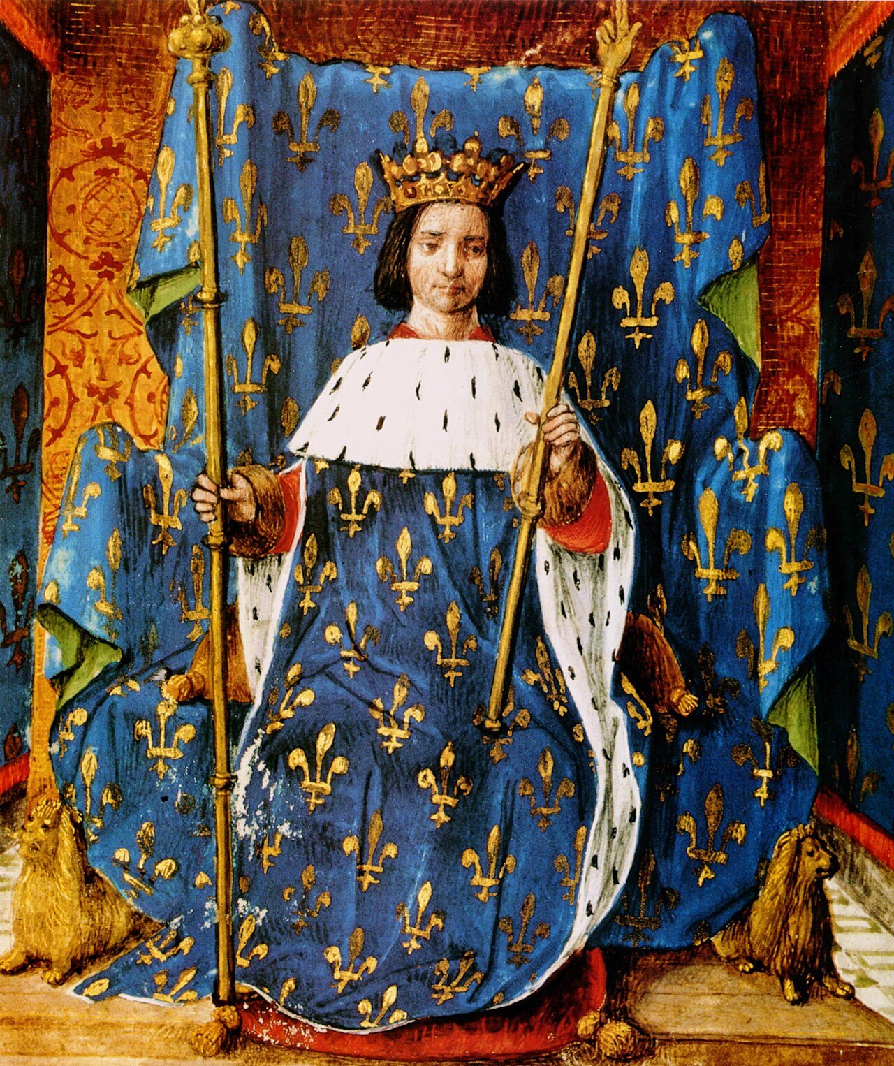 Manuscript miniature of Charles VI of France enthroned in a blue robe covered in gold fleurs-de-lis, holding two sceptres