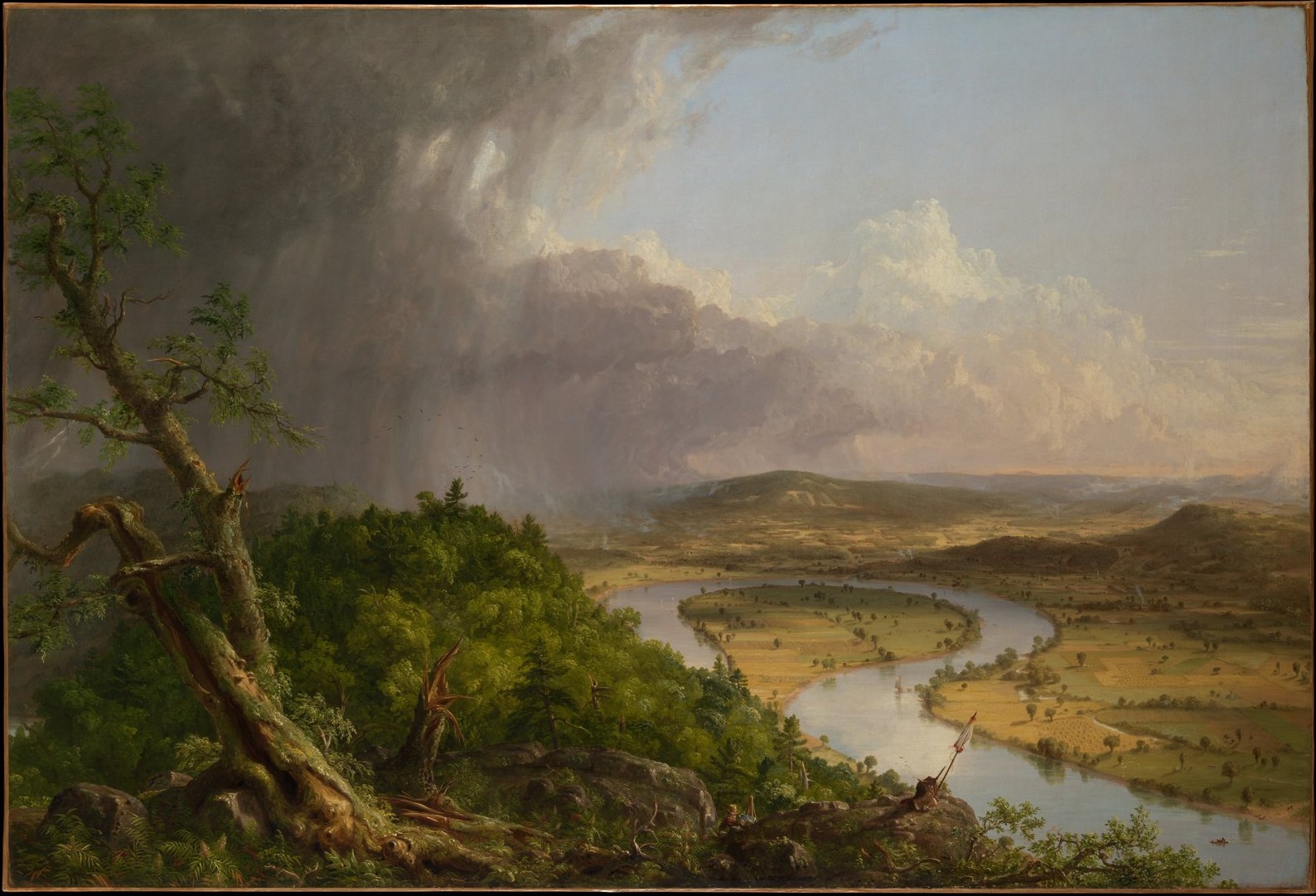 Painting of a storm cloud sweeping over the Connecticut River valley at Northampton, Massachusetts, with the river's oxbow bend in sunlight below