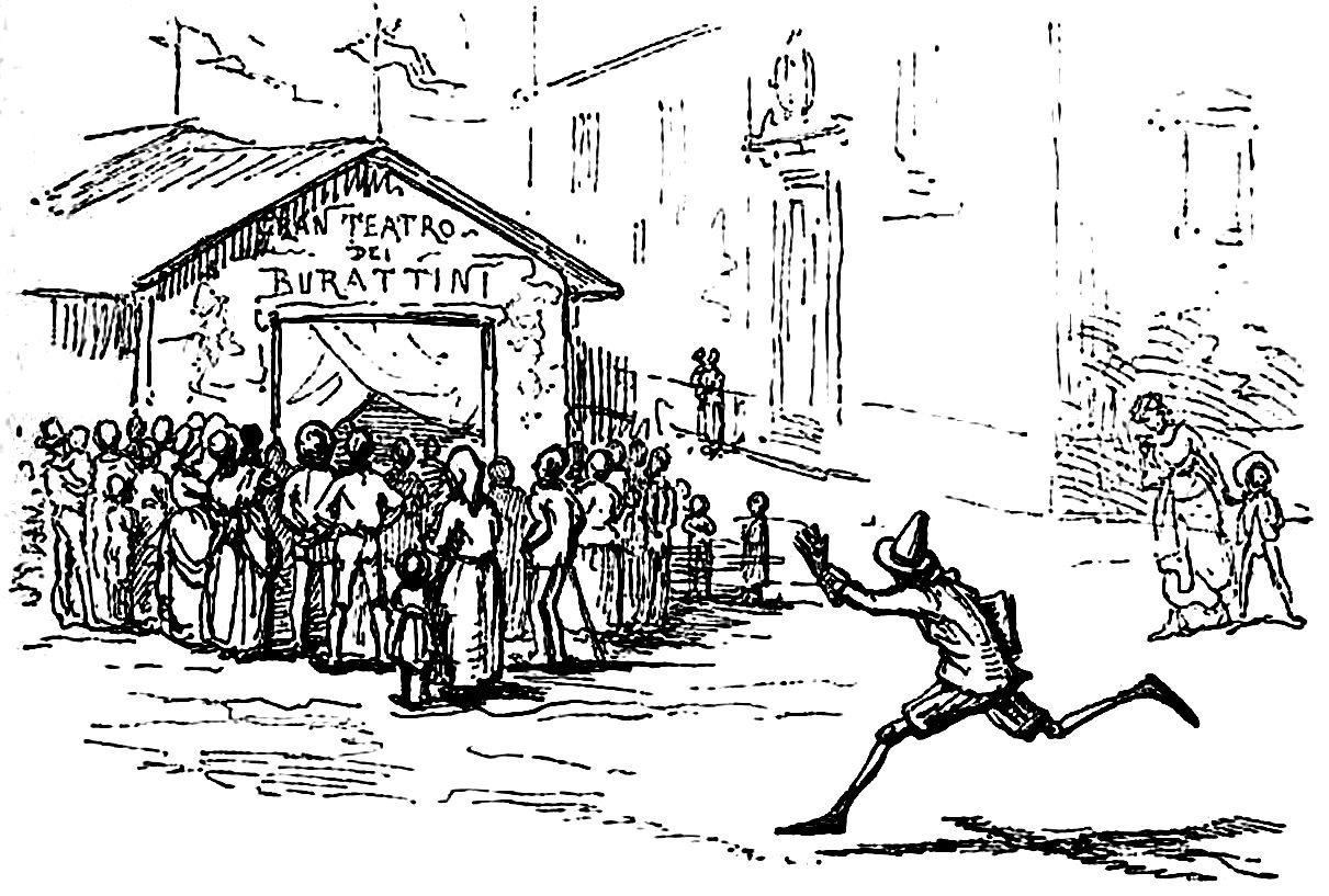 Pinocchio runs to the puppet theater, in one of Enrico Mazzanti's illustrations for the 1892 edition. Public domain, via Wikimedia Commons