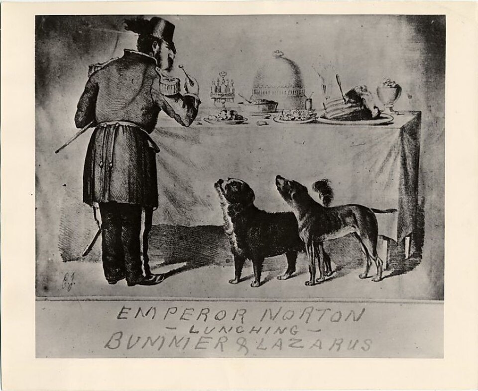 "Emperor Norton lunching, Bummer and Lazarus", a cartoon by Edward Jump. Public domain, via Wikimedia Commons