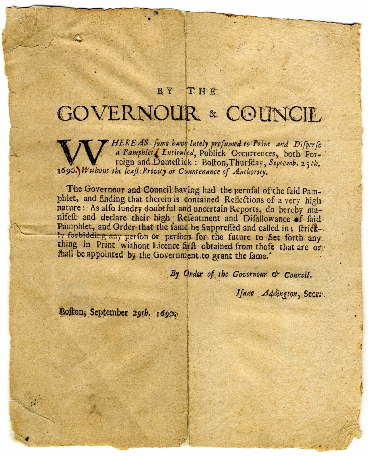 Printed broadside of the 29 September 1690 order by the Governor and Council of Massachusetts suppressing the newspaper Publick Occurrences