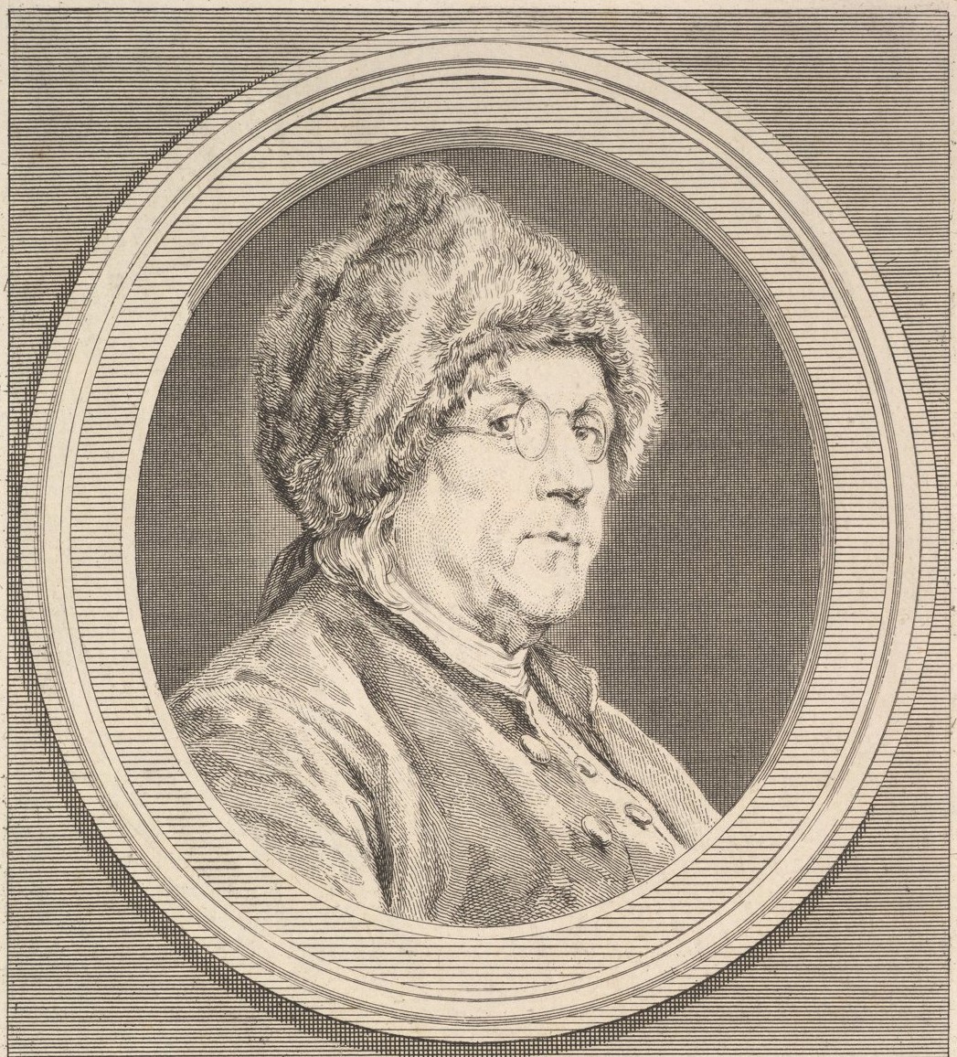Engraved portrait of Benjamin Franklin in a fur cap and spectacles, after a 1777 drawing by Charles-Nicolas Cochin