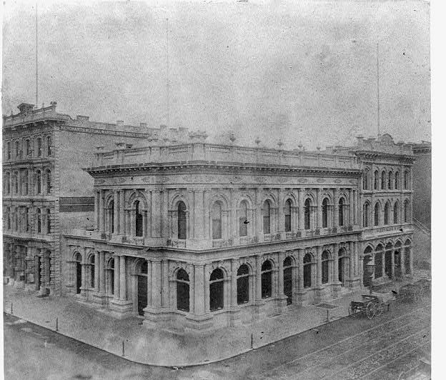 The Bank of California at California and Sansome Streets, San Francisco, photographed about 1866 by Lawrence & Houseworth. Library of Congress Prints & Photographs Division, no known restrictions