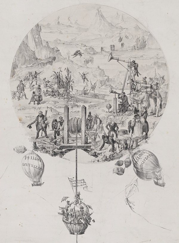 Italian satirical print of 1835 mocking the moon story: astronomers with giant telescopes survey a lunar landscape of winged figures while balloons marked 'useless' hang beneath. Lithograph by F. Wenzel, 1835, Library of Congress Prints & Photographs Division, no known restrictions