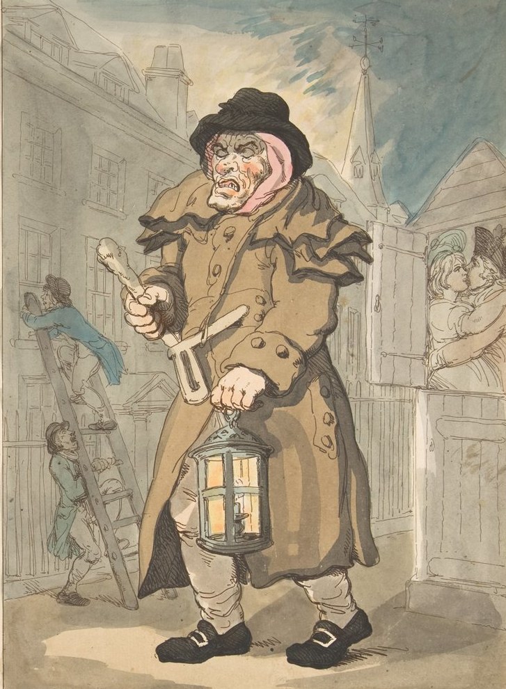 Hand-coloured etching by Thomas Rowlandson, 1800, of a London night watchman in a greatcoat holding a lantern and a rattle