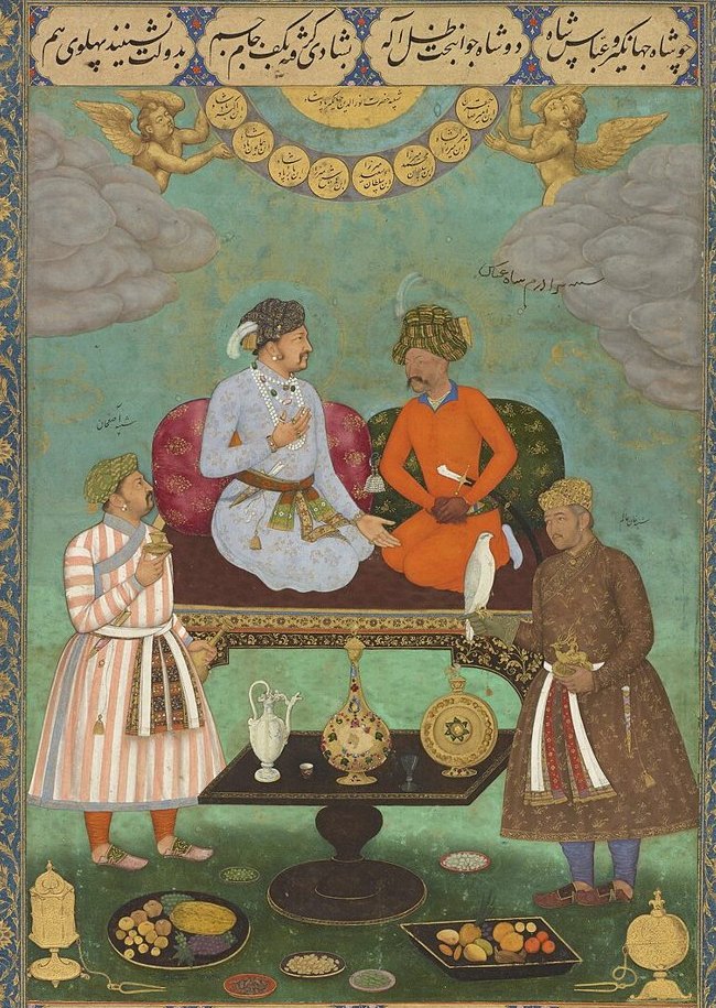 Mughal miniature of about 1618 showing the emperor Jahangir seated beside Shah Abbas I of Persia, in orange, at a table of gifts