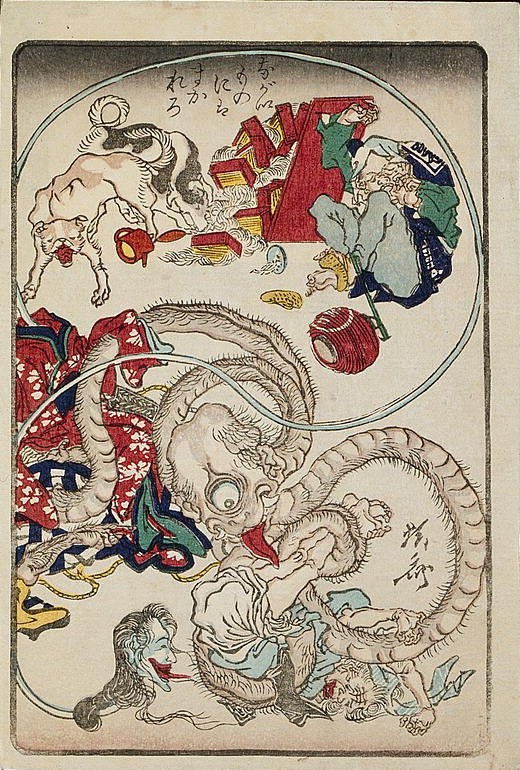 Woodblock print by Kawanabe Kyōsai, about 1863, showing two long-necked goblins frightening a customer at a noodle stall