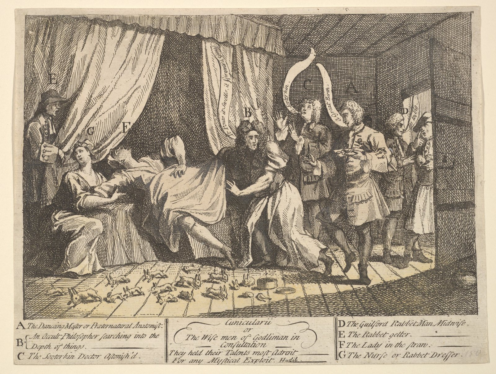 William Hogarth's etching Cunicularii, or the Wise Men of Godliman in Consultation (1726): doctors gather round Mary Toft's bed while rabbits run across the floor