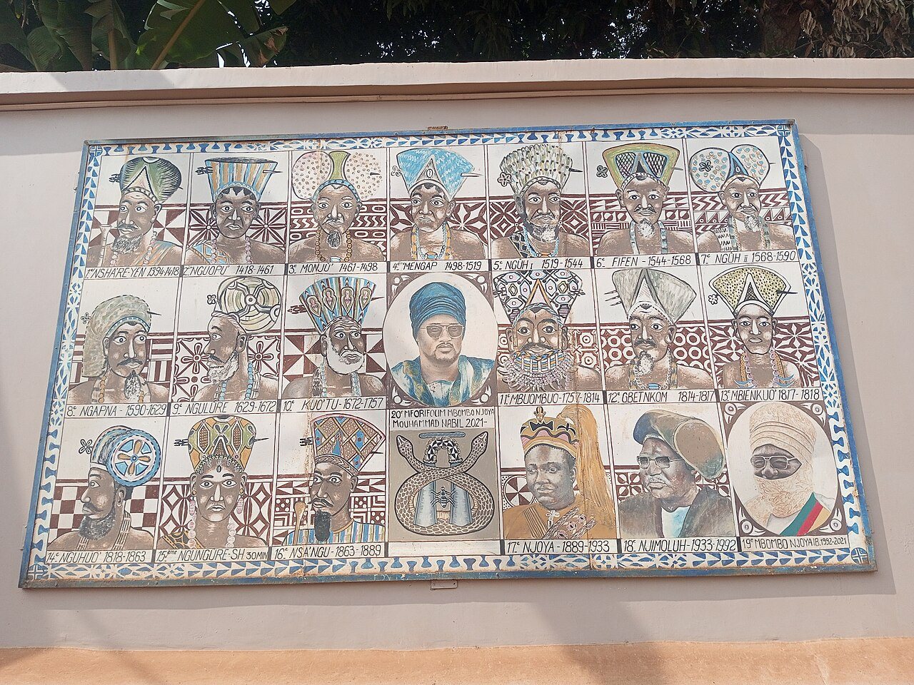 Painted panel at the Royal Museum of the Bamum in Foumban showing all twenty kings of Bamum, with Njoya in the bottom row. Photo: Devane Ndonnang Nanga Zenas, CC BY-SA 4.0, via Wikimedia Commons
