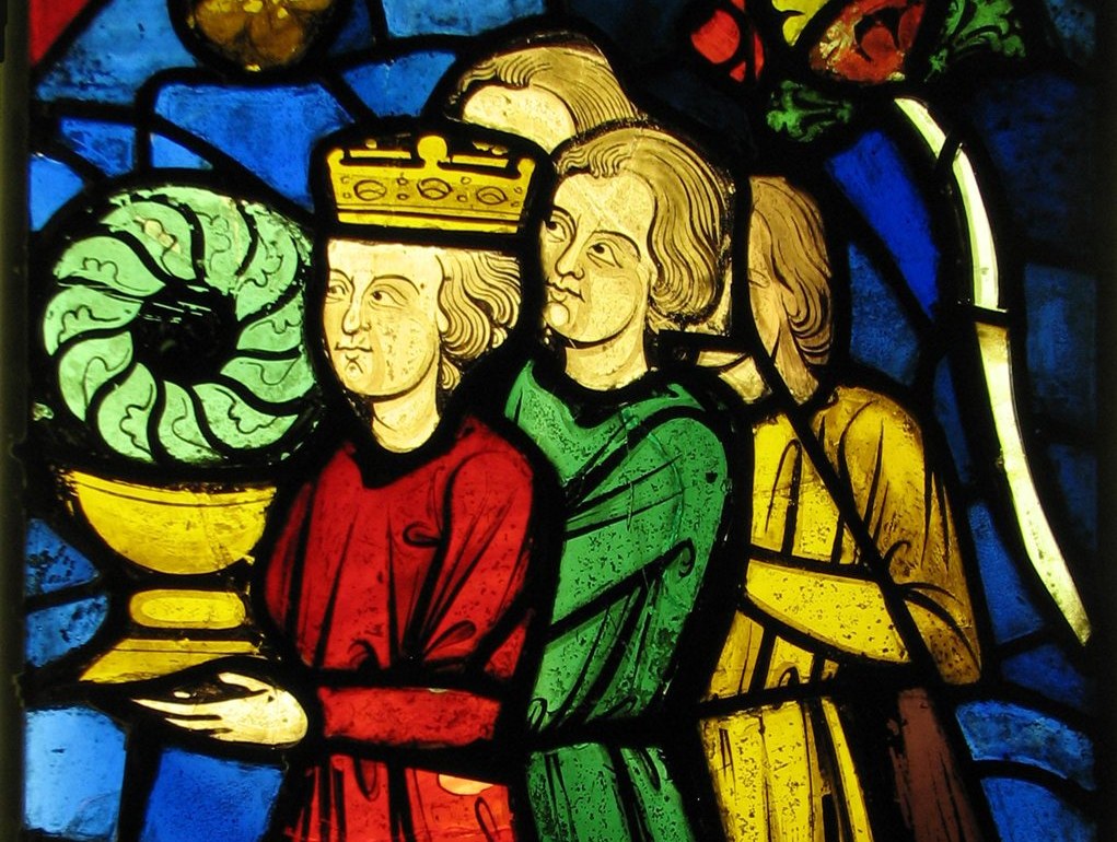 Stained glass panel of King Louis IX of France carrying the Crown of Thorns, made in Paris around 1245 to 1248