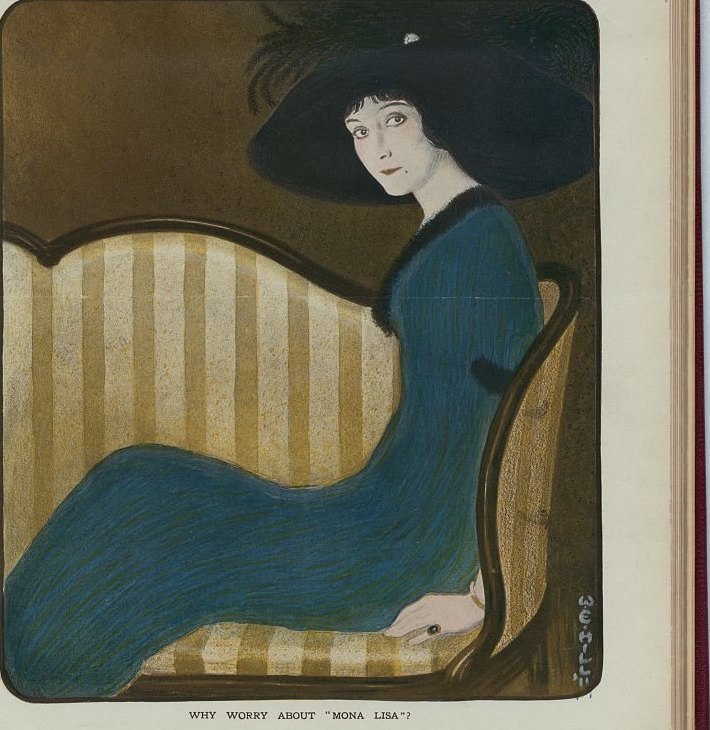 Illustrated cover of Puck magazine from 13 September 1911 showing a woman in a blue dress and wide black hat on a striped sofa, captioned Why Worry About Mona Lisa