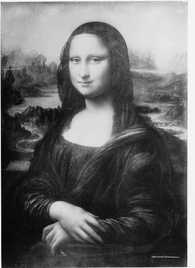 A black-and-white photographic print of the Mona Lisa published by the Detroit Publishing Co. between 1900 and 1912, when the painting was still an ordinary exhibit. Library of Congress Prints & Photographs Division, no known restrictions