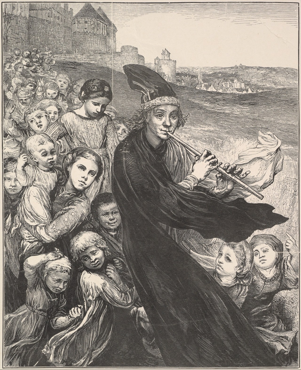 Wood engraving of the Pied Piper in a dark cloak and feathered cap playing his pipe as a crowd of children follows him out of a walled town
