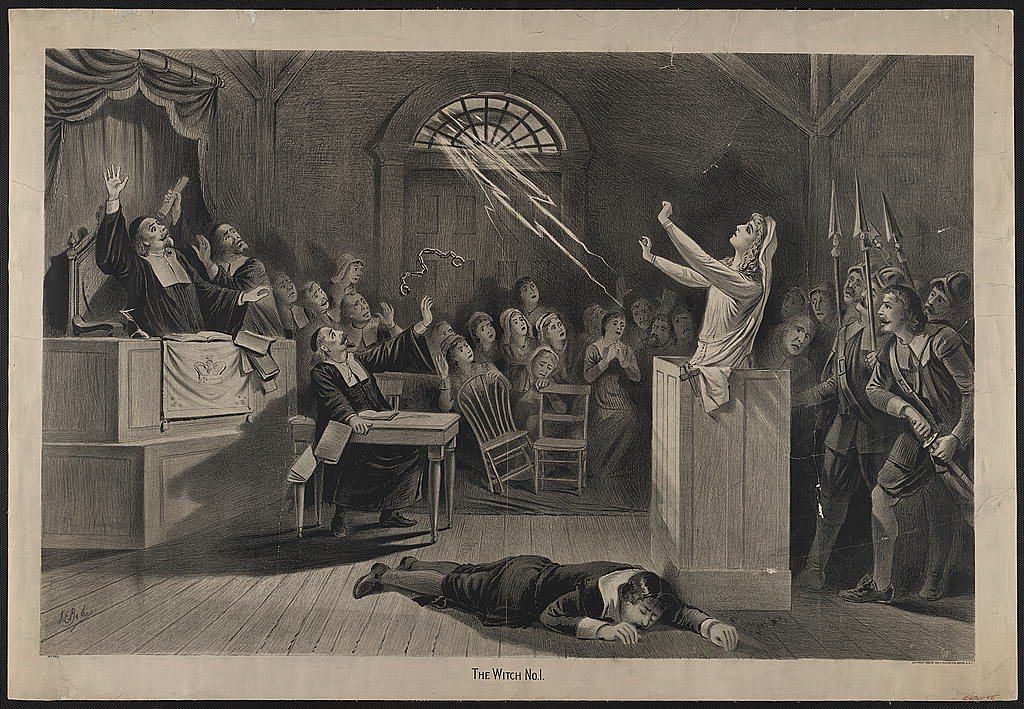 Lithograph of a Salem witch trial courtroom scene, a young woman standing accused before the judges, published in 1892
