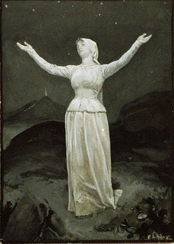 Pen and ink drawing of Sappho standing on a hillside at night with her arms raised to the stars, by the American illustrator Edwin Austin Abbey. Library of Congress Prints & Photographs Division, no known restrictions
