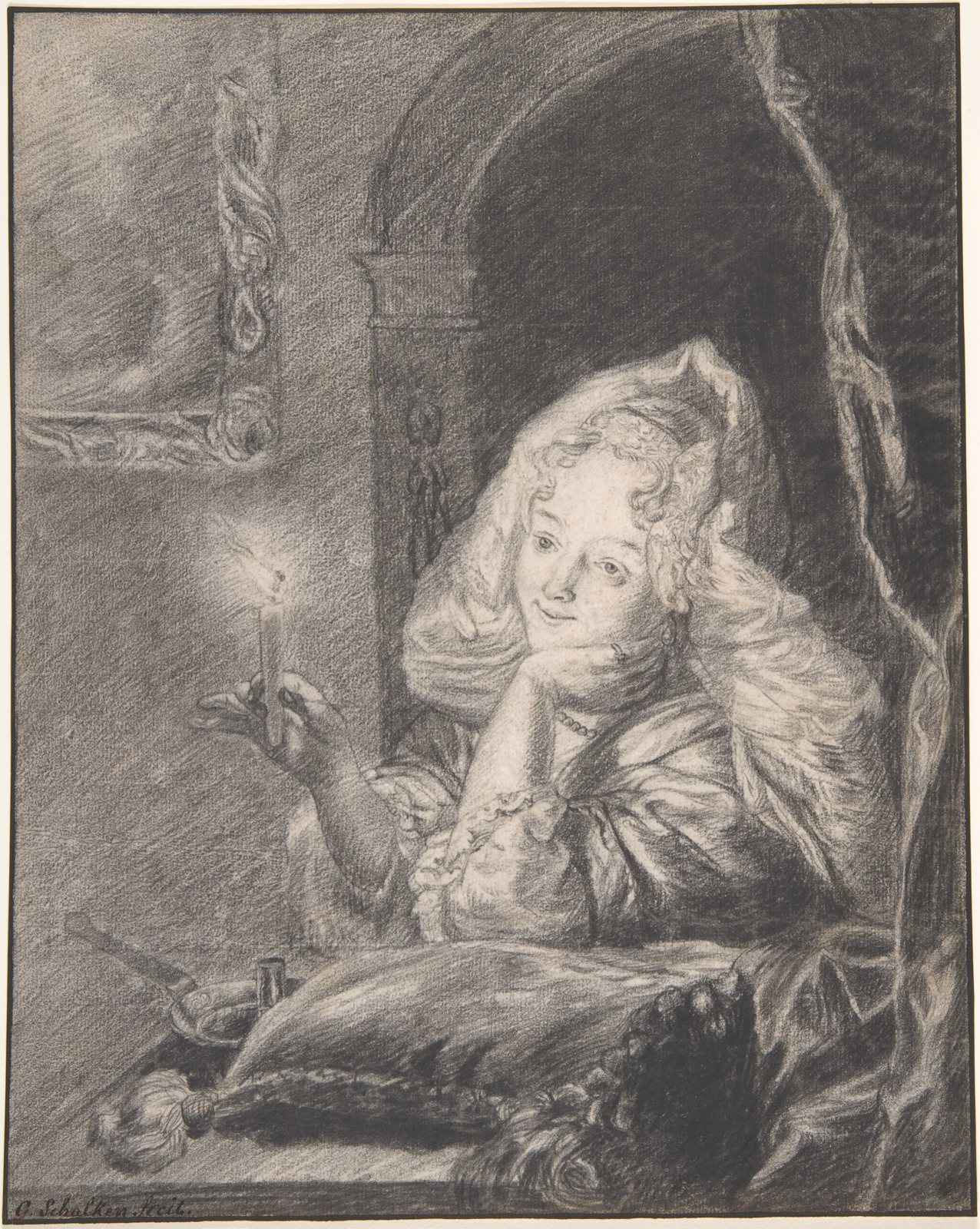 Chalk drawing of a young woman seated at a table, holding a lit candle, late 17th century. Godfried Schalcken, The Metropolitan Museum of Art, CC0