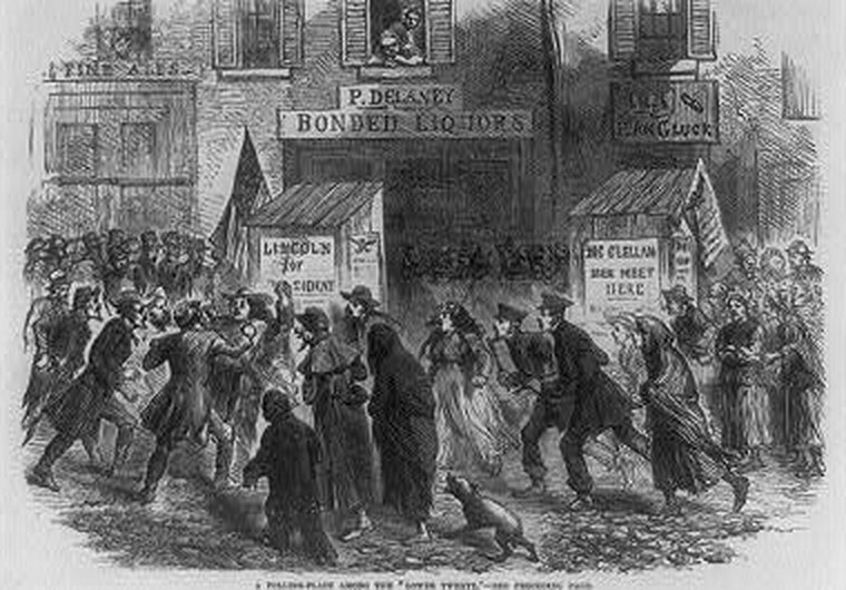 Election day in New York in 1864: two polling places from The Illustrated London News. Library of Congress Prints & Photographs Division, no known restrictions