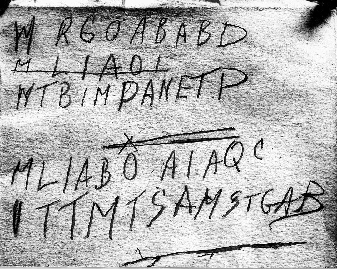 Police photograph of the five lines of pencilled capital letters found on the back cover of the Rubaiyat linked to the Somerton Man