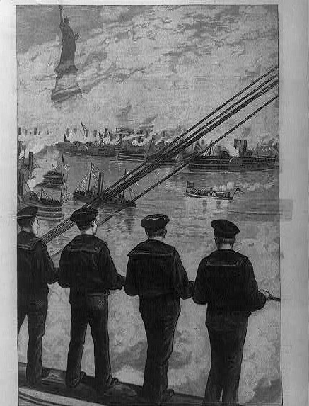 Engraving from Frank Leslie's Illustrated Newspaper of sailors watching President Cleveland's launch pass through the fleet on dedication day, 28 October 1886, with the statue in the fog behind. Library of Congress, no known restrictions