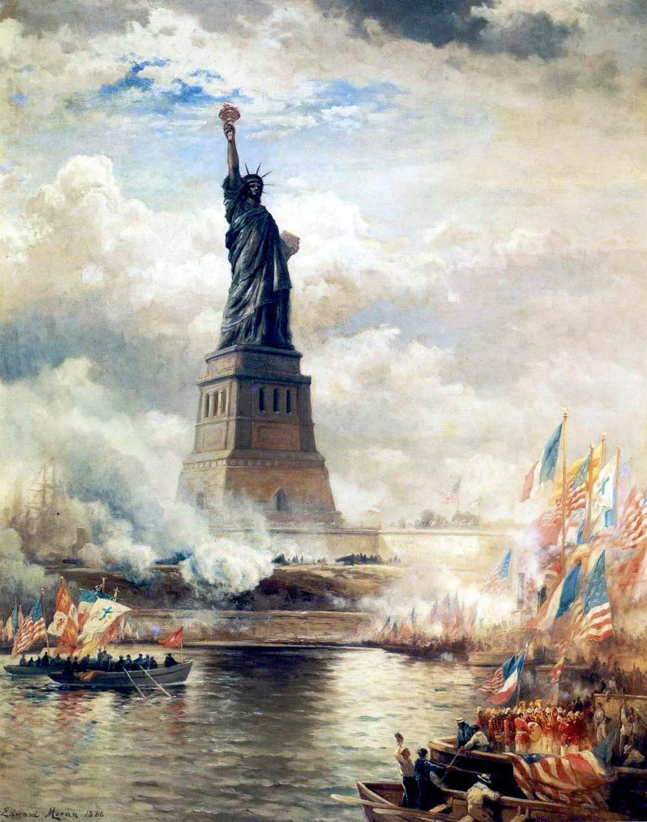 Oil painting by Edward Moran of the unveiling of the Statue of Liberty in 1886, with the statue above a crowd of flag-decked boats and gun smoke in New York Harbor