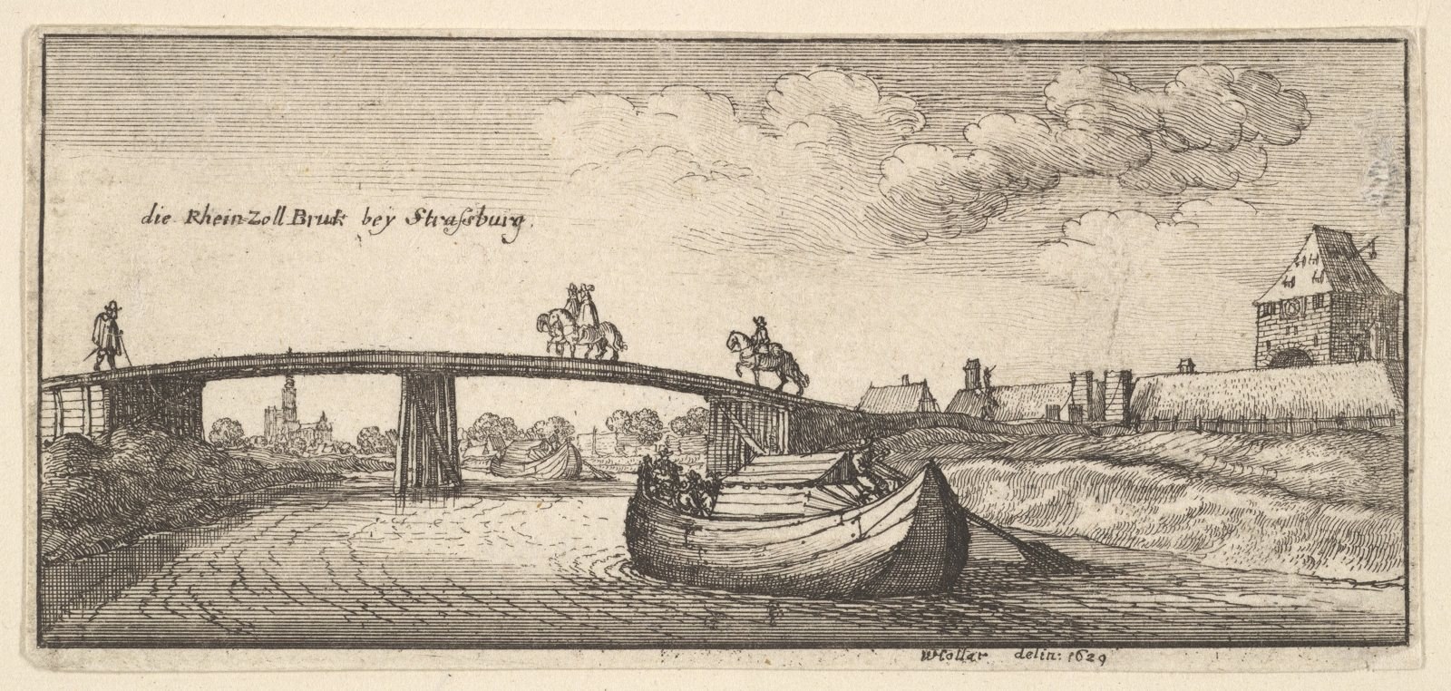 Wenceslaus Hollar, the Rhine toll bridge near Strasbourg with the cathedral spire in the distance, etching, 1629. The Metropolitan Museum of Art, CC0