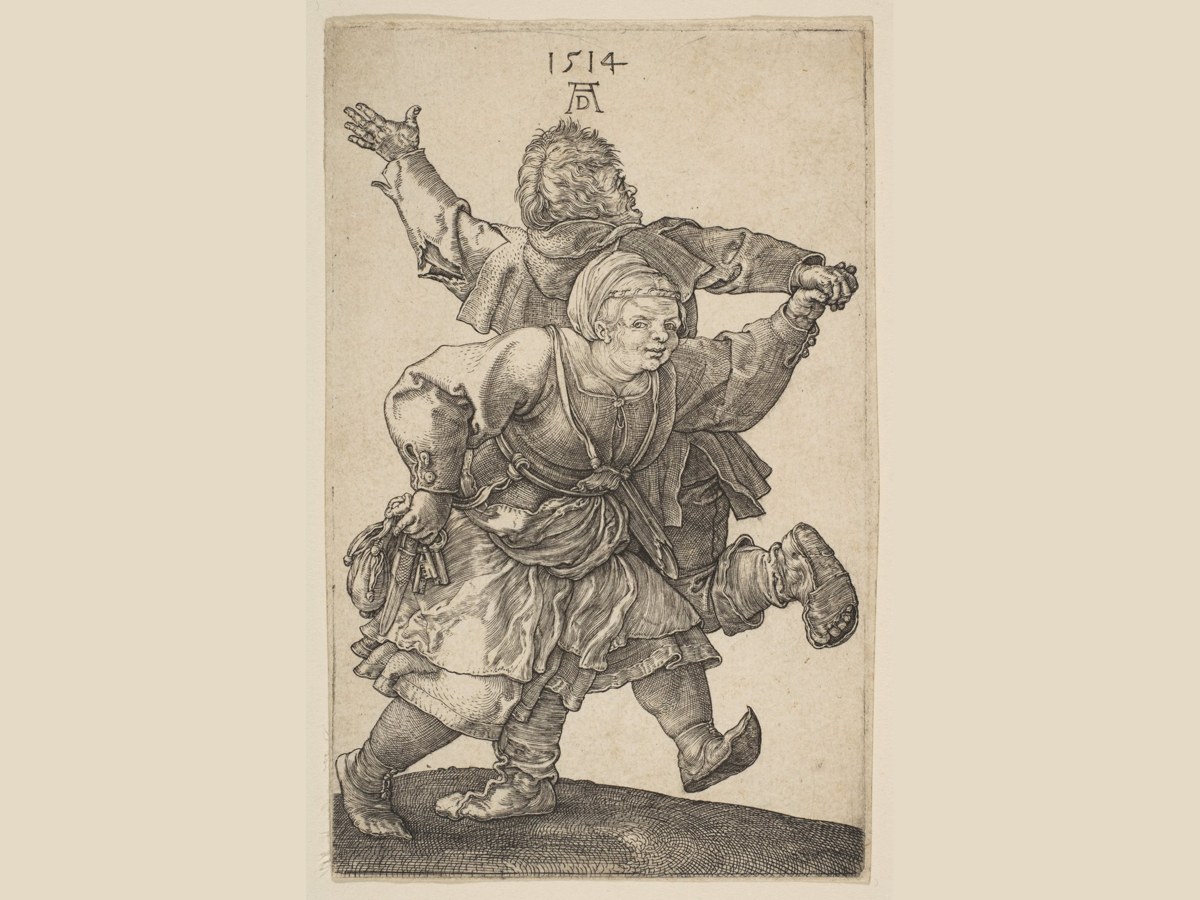 Albrecht Dürer's 1514 engraving of a peasant couple dancing, arms flung out and feet kicking