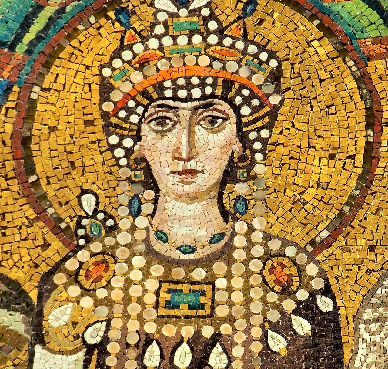 Sixth-century mosaic of the Empress Theodora in a jewelled crown and purple robe, from the church of San Vitale in Ravenna