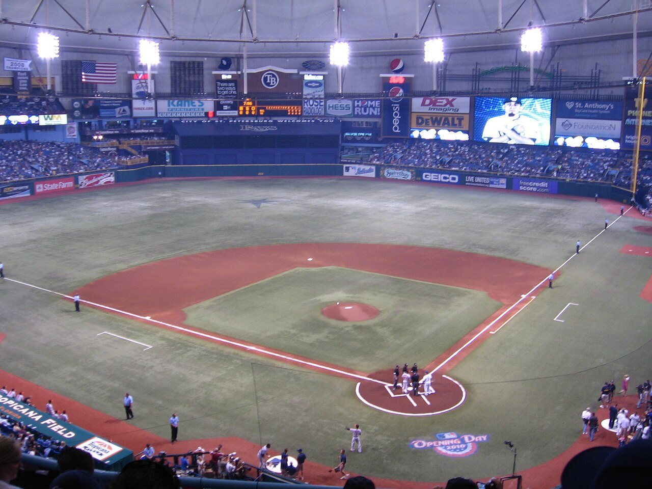 Photograph of the playing field and stands inside Tropicana Field on opening day 2010