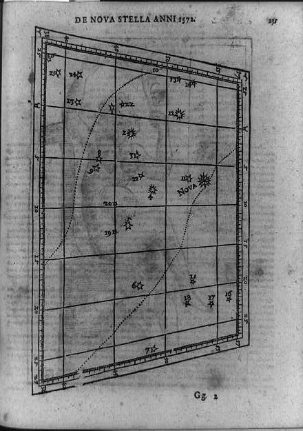 Tycho's own chart of the new star of 1572 in Cassiopeia, from a 1648 edition of his works. Library of Congress Prints and Photographs Division, no known restrictions