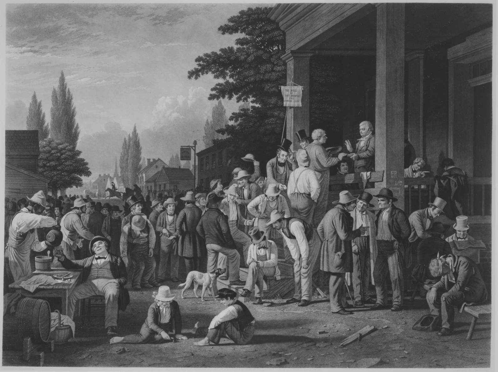 Engraving of a crowd of men in hats gathered around the porch of a courthouse on election day, with a banner reading The Will of the People the Supreme Law