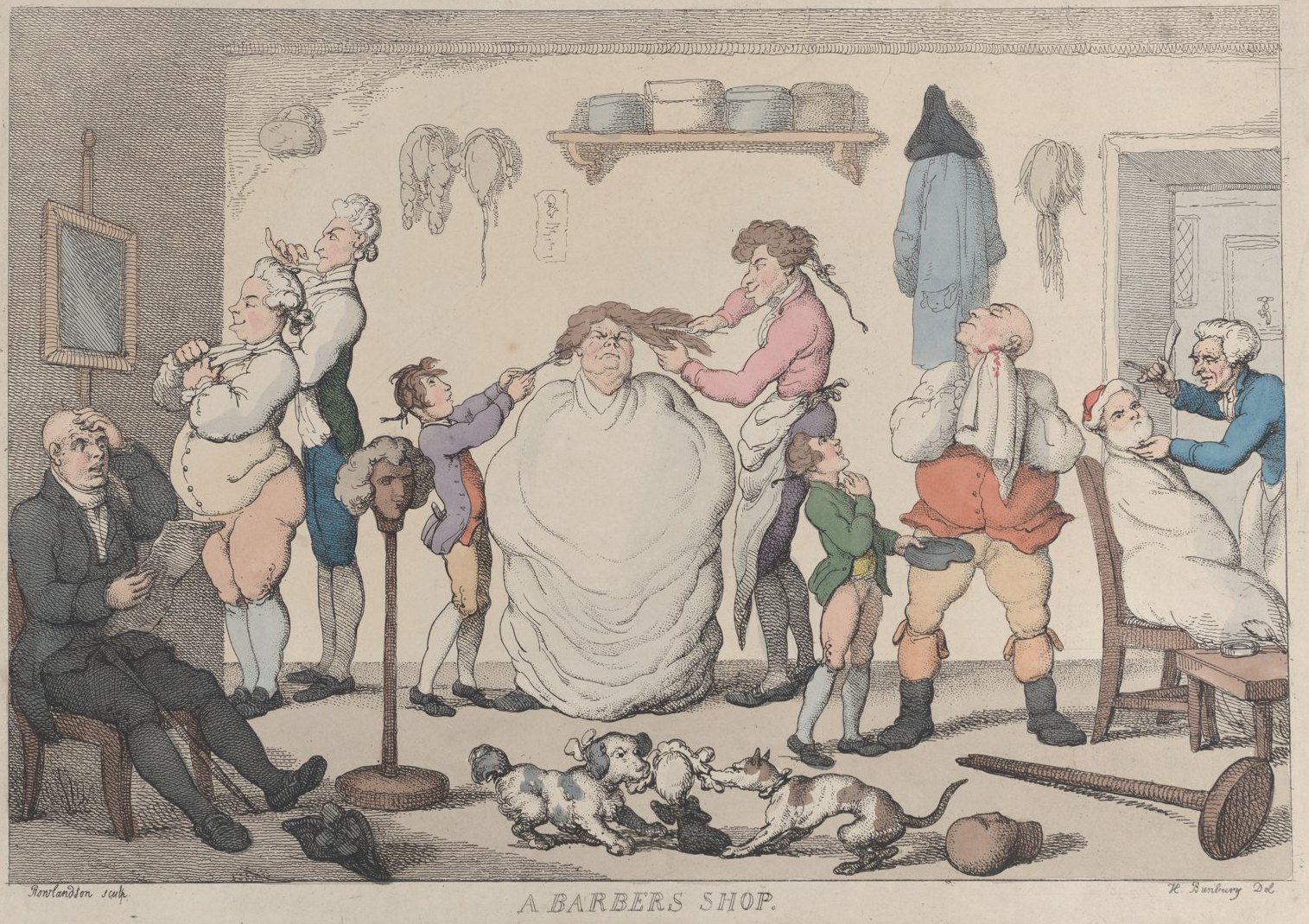 Hand-coloured print of a crowded London barber's shop in 1811, with men being shaved and wigs dressed