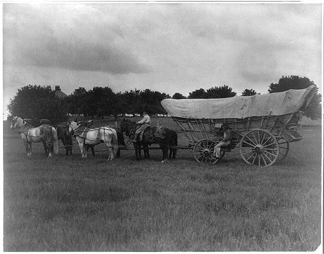 A Conestoga wagon on the National Pike, photographed around 1906, with the teamster riding the left-hand wheel horse. Photo: B. W. Phreanor, Library of Congress, no known restrictions