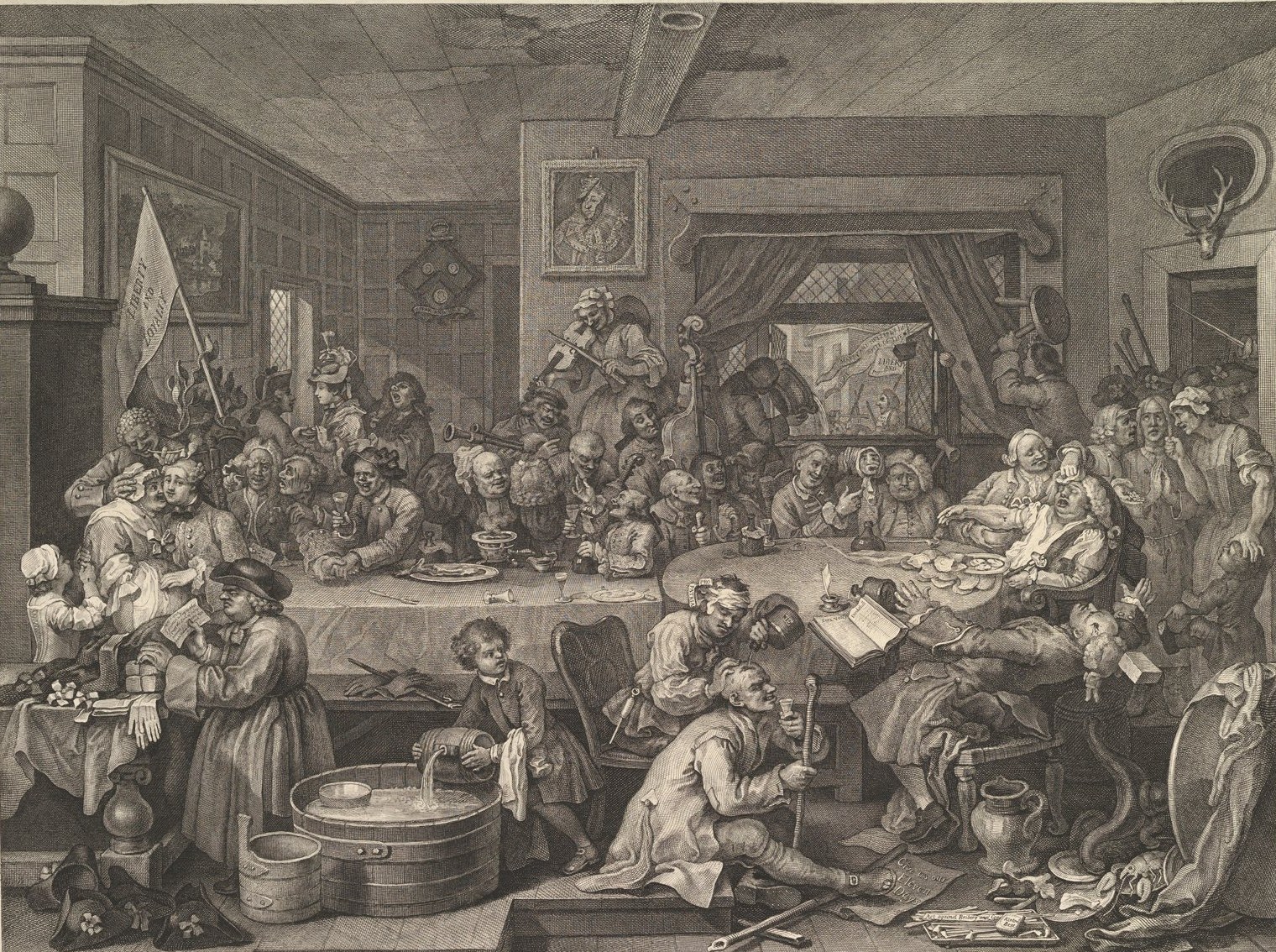 William Hogarth's 1755 engraving An Election Entertainment: a crowded tavern feast, with a placard reading Give Us Our Eleven Days lying under a man's foot at bottom right