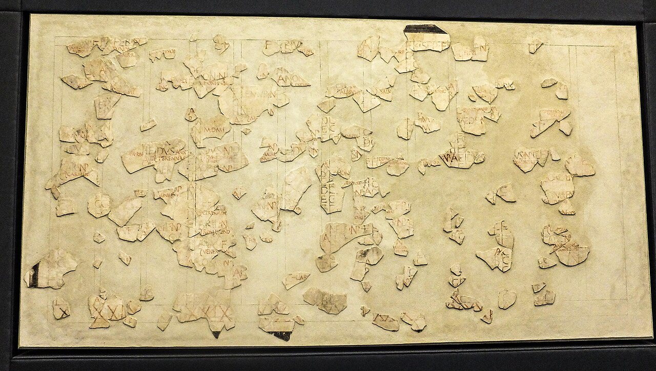 Fragments of the Fasti Antiates Maiores, the pre-Julian Roman calendar painted on plaster, showing the columns of months with festival names