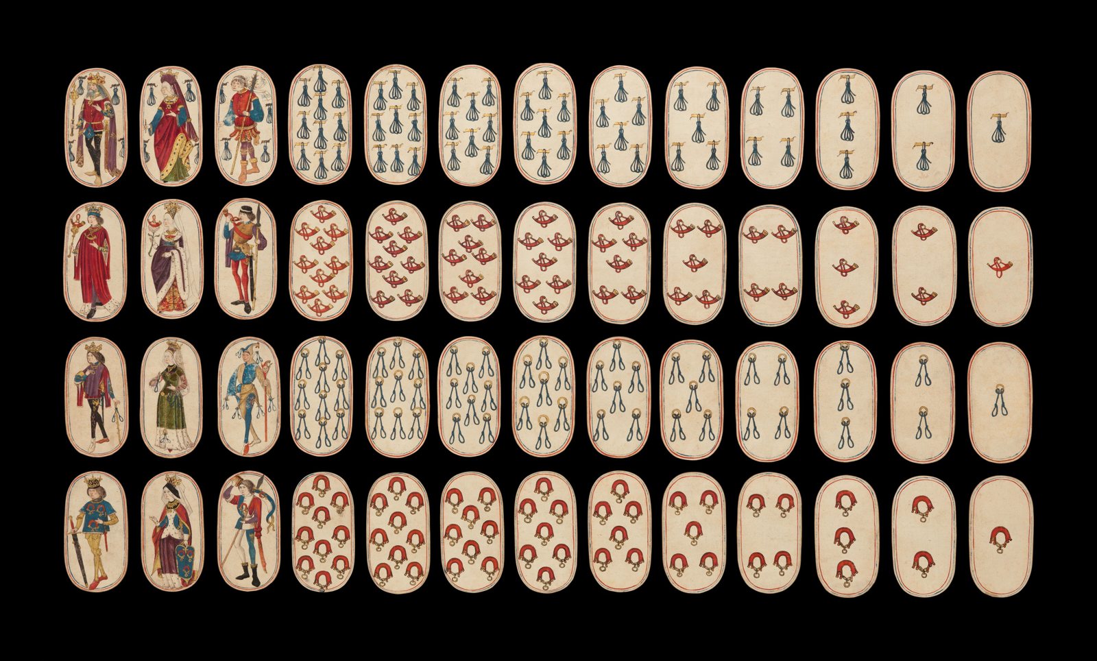 The Cloisters Playing Cards, a complete hand-painted deck of 52 made in the Burgundian Netherlands around 1475 to 1480, laid out in four rows