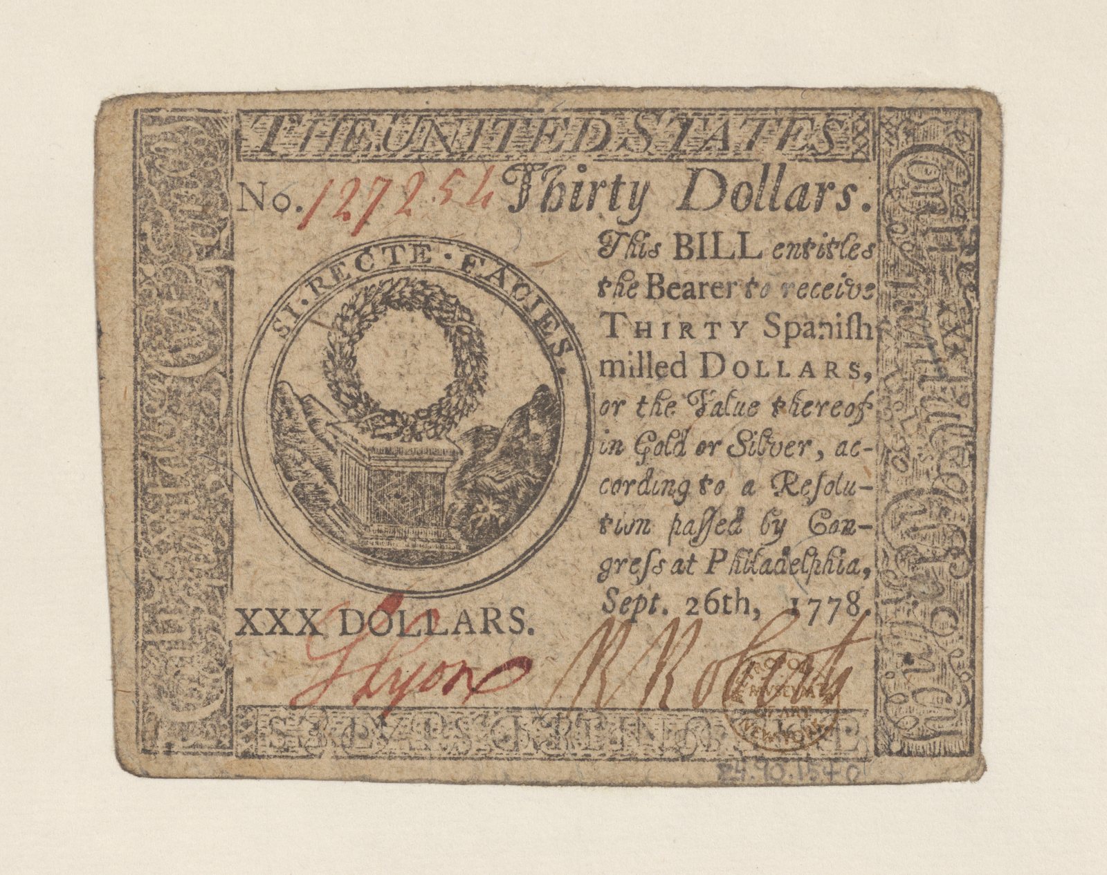A 1778 Continental Congress thirty-dollar note, printed in Philadelphia, promising the bearer thirty Spanish milled dollars
