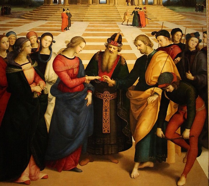 Detail of Raphael's painting The Marriage of the Virgin (1504): Joseph places a ring on Mary's finger in front of a priest
