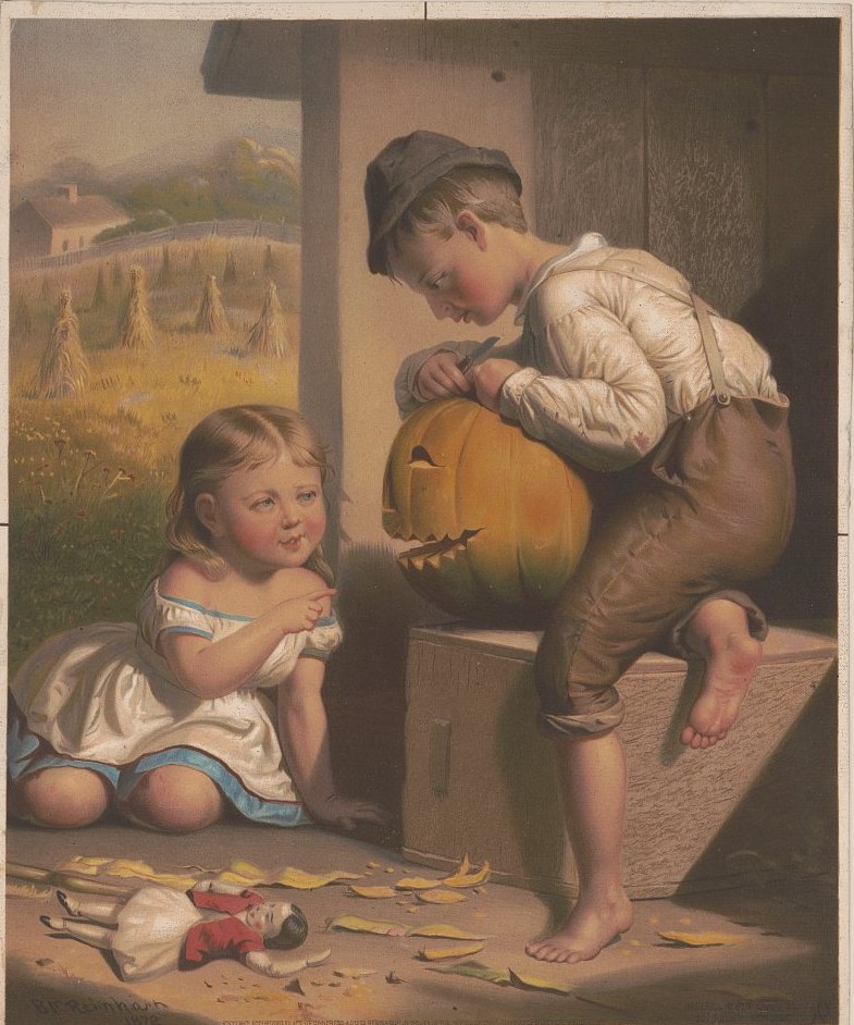 Chromolithograph of about 1872 showing a boy carving a face into a pumpkin while a small girl watches