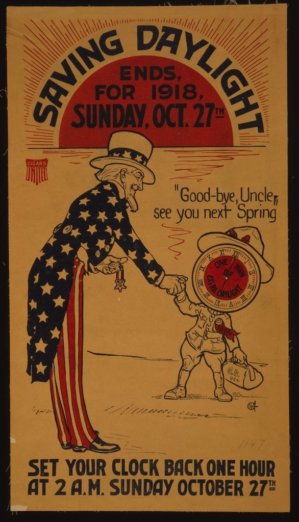 A 1918 American poster showing Uncle Sam shaking hands with a boy with a clock for a head, announcing that daylight saving ends on Sunday 27 October