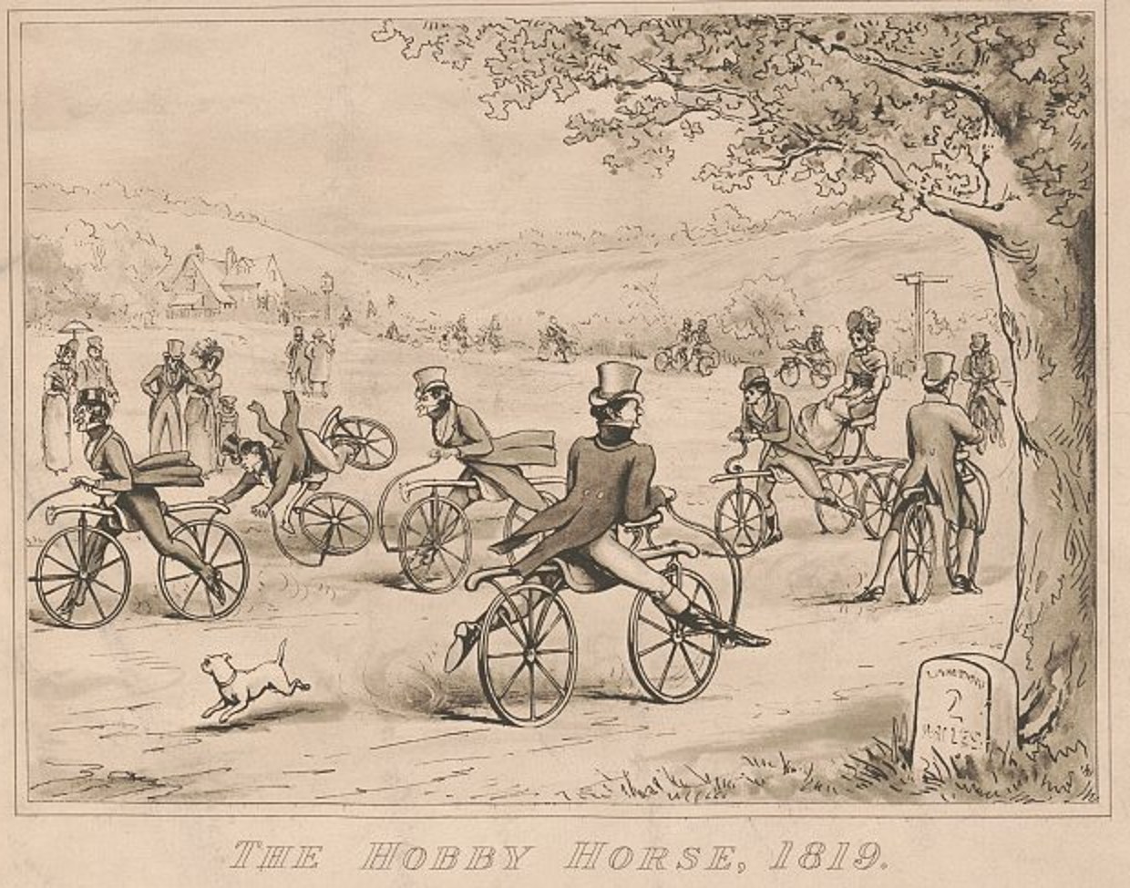 Satirical print titled The Hobby Horse, 1819, showing young men in top hats riding and falling off two-wheeled running machines in a park