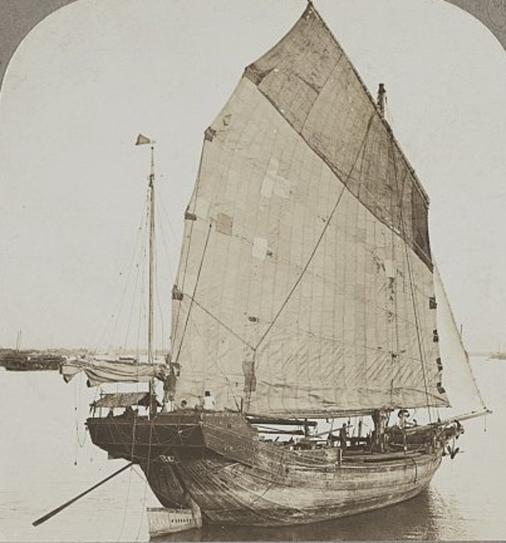 A Chinese junk under sail on the Canton River, photographed in 1902, from a stereograph. Library of Congress Prints & Photographs Division, no known restrictions