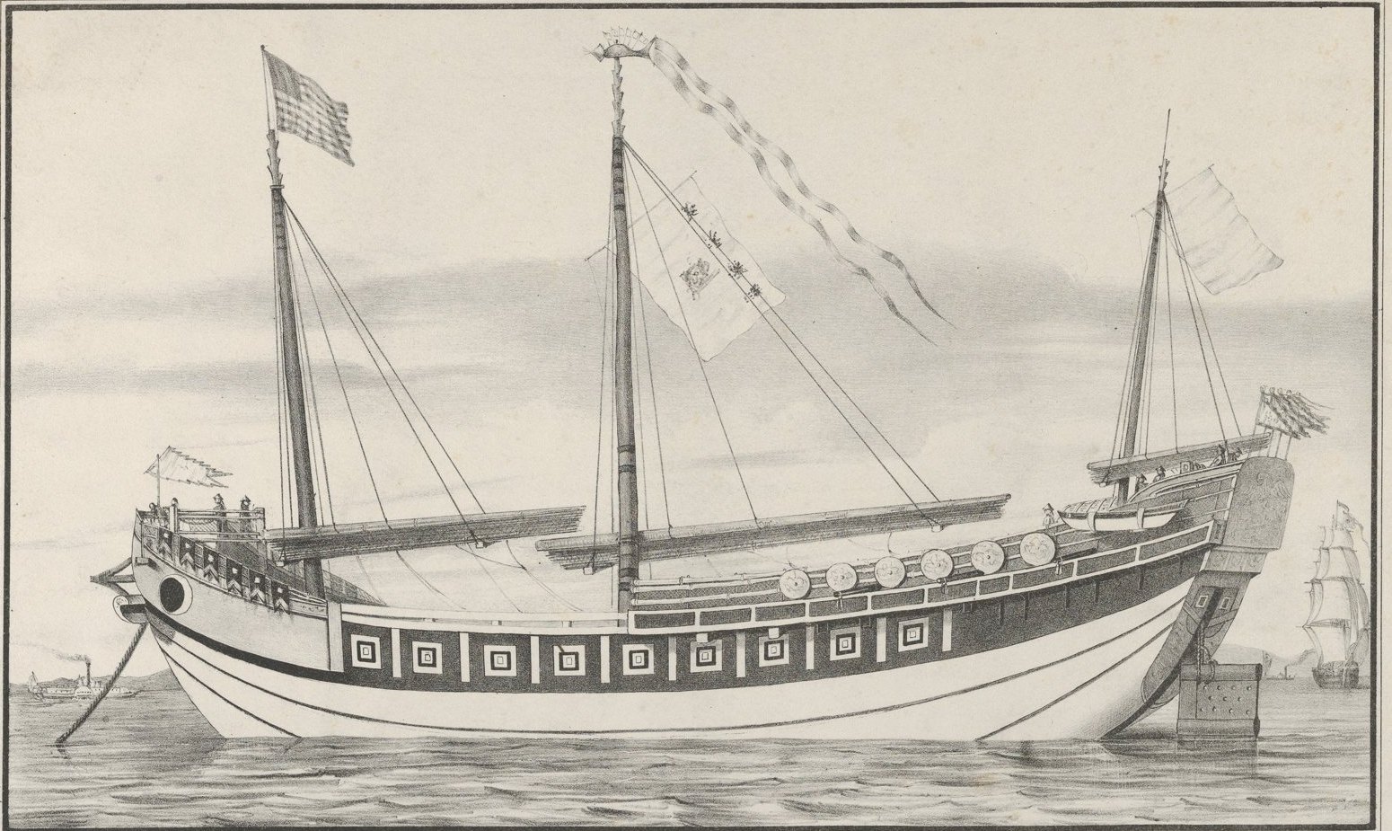 Lithograph of the Chinese junk Keying, a three-masted trading junk from Canton, as it appeared in New York harbour in 1847